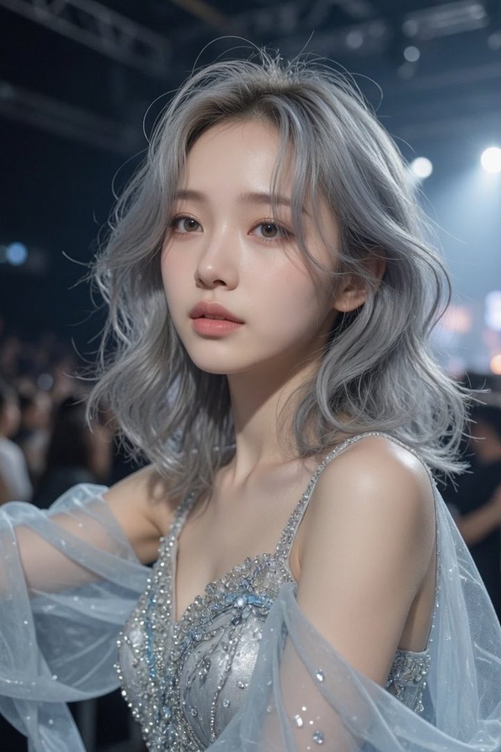 A young woman with wavy silver hair and a sparkling blue dress poses elegantly in a studio setting.