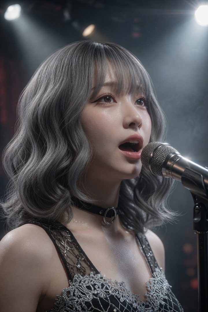 A young woman with silver wavy hair and bangs, wearing a black lace top and a choker, sings into a microphone on a dimly lit stage.
