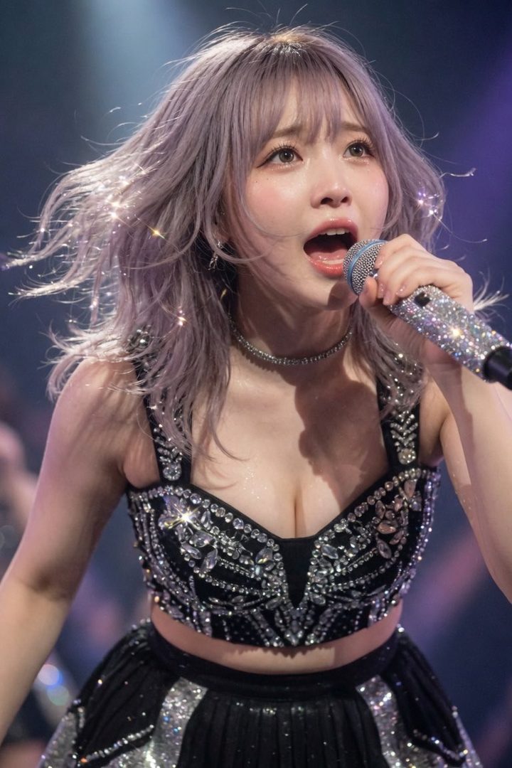 A young woman with long, wavy, silver hair and bangs, wearing a sparkling black outfit, sings into a microphone on stage.