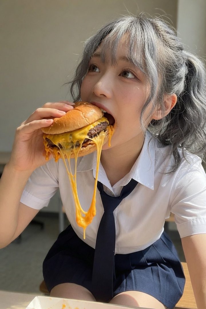 A young woman with silver hair in a ponytail, wearing a white shirt and tie, eats a large cheeseburger.