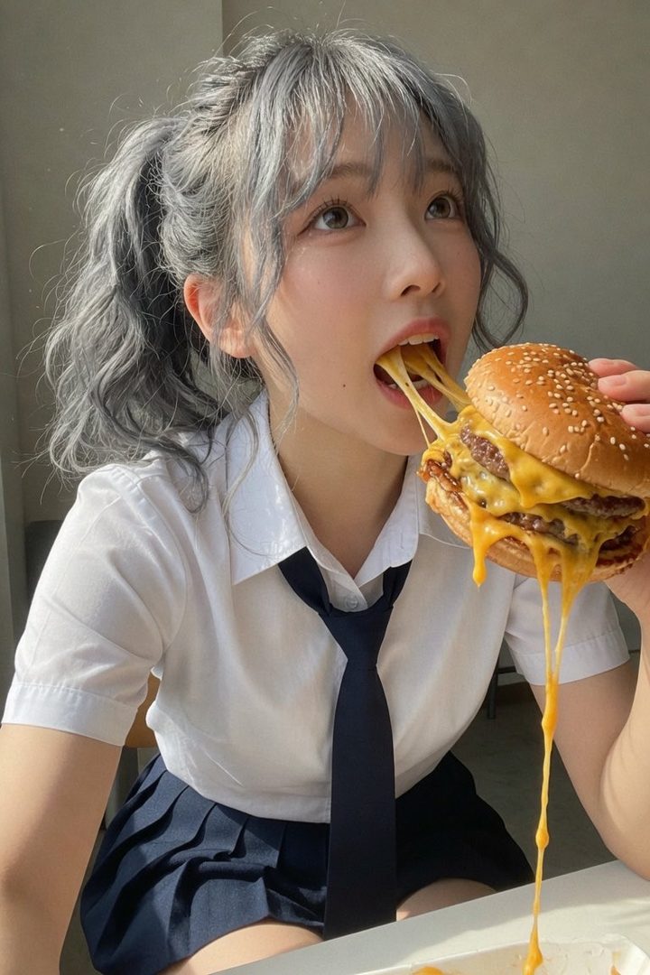 A young woman with silver hair in a ponytail, wearing a white shirt and dark tie, takes a bite out of a large cheeseburger.
