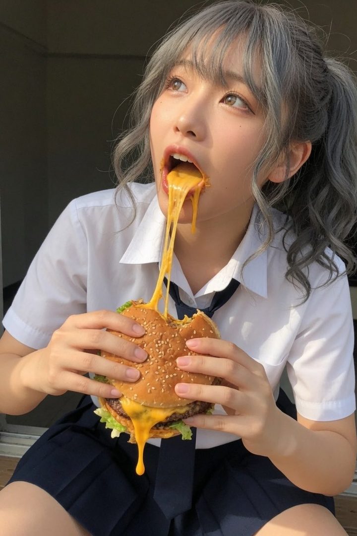 A young woman with silver hair tied in a ponytail, wearing a white shirt and dark skirt, is eating a large cheeseburger with melted cheese stretching out.