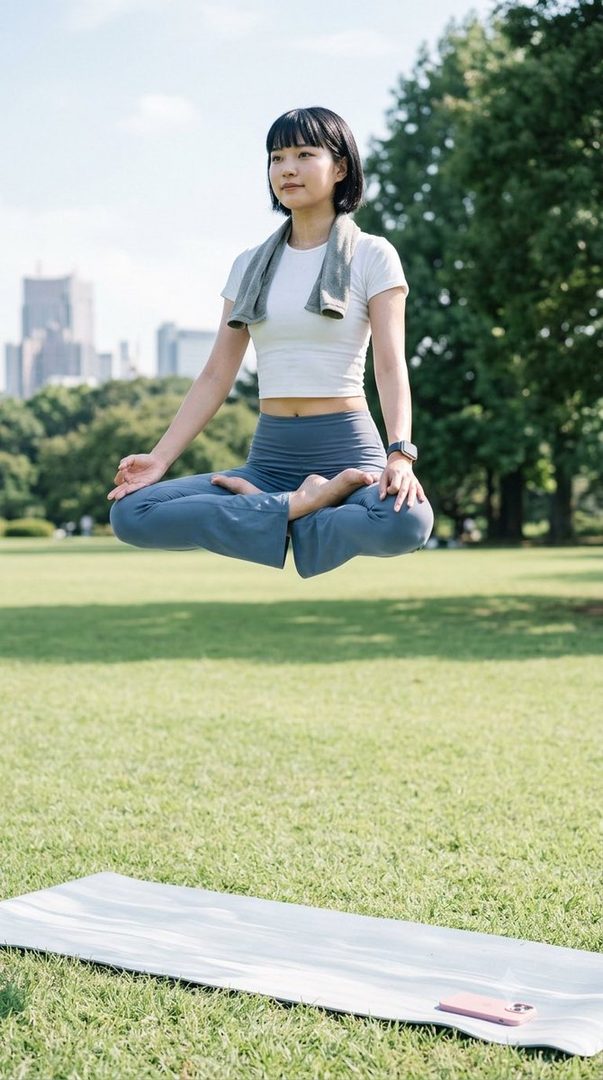 A young woman with black bob hair is levitating in a lotus yoga pose in a sunny park, wearing a white crop top and blue yoga pants with a towel around her neck.