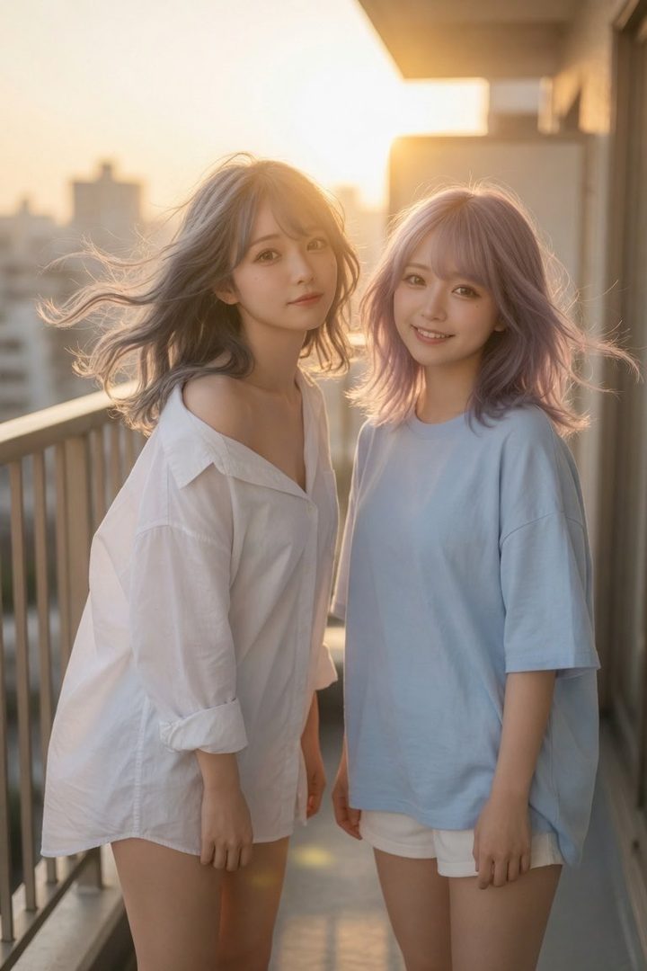 Two young women with colorful hair posing outdoors during golden hour.
