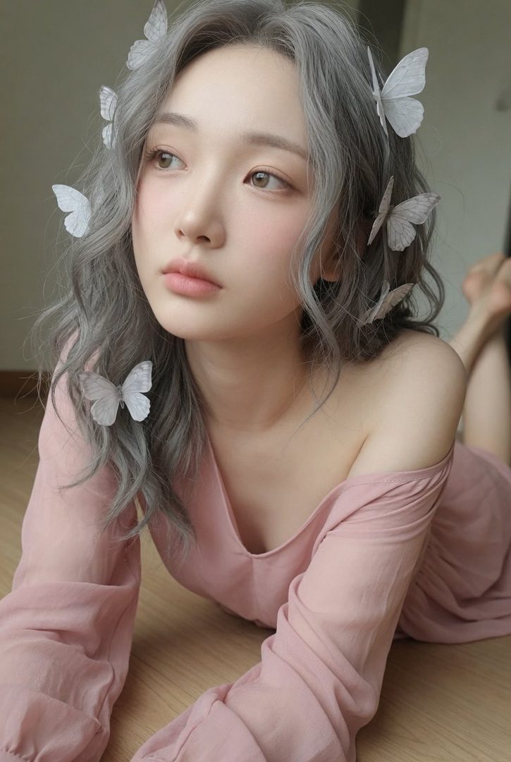 A young woman with long, wavy silver hair adorned with white butterflies, wearing a pink off-the-shoulder dress, lying down indoors.