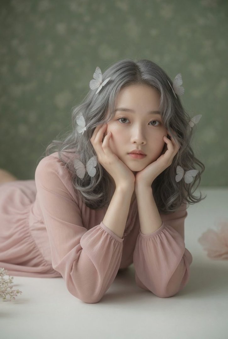 A young woman with long, wavy silver hair adorned with white butterflies, wearing a pink dress, poses in a studio setting with a green textured background.