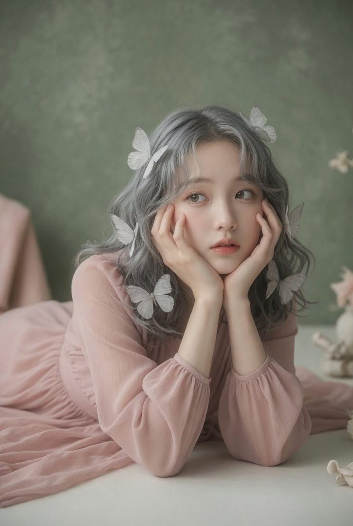 A young woman with silver wavy hair adorned with white butterflies, wearing a flowing pink dress, poses in a studio setting with a soft green backdrop.