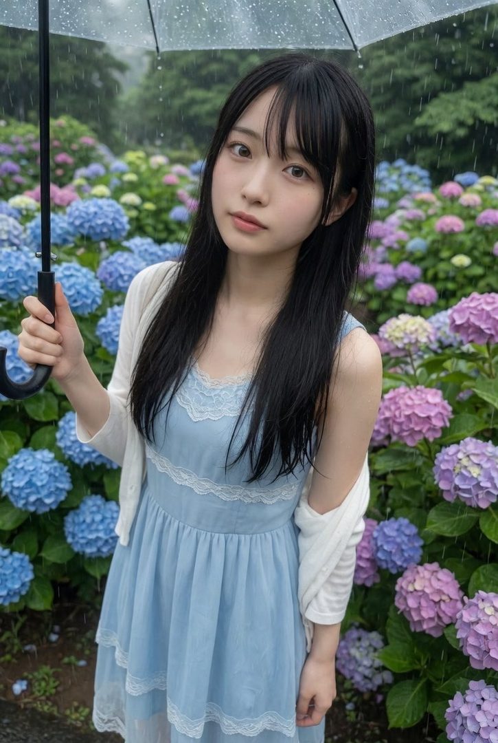A young woman with long black hair holds an umbrella while standing in a garden filled with blooming hydrangeas on a rainy day.