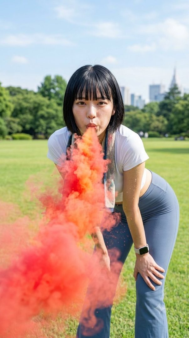 A woman with black bob hair and bangs, wearing a white t-shirt and blue yoga pants, blows orange smoke from her mouth in a sunny park with a city skyline in the background.
