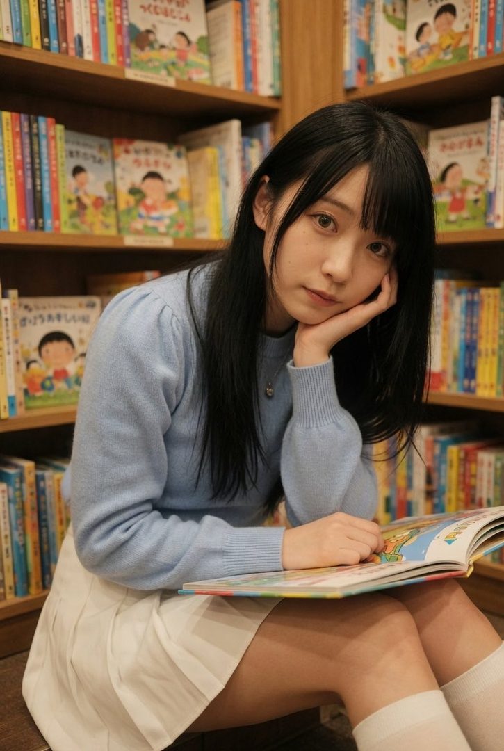 A young woman with long black hair and bangs, wearing a light blue sweater and white skirt, sits in front of bookshelves, holding an open book.