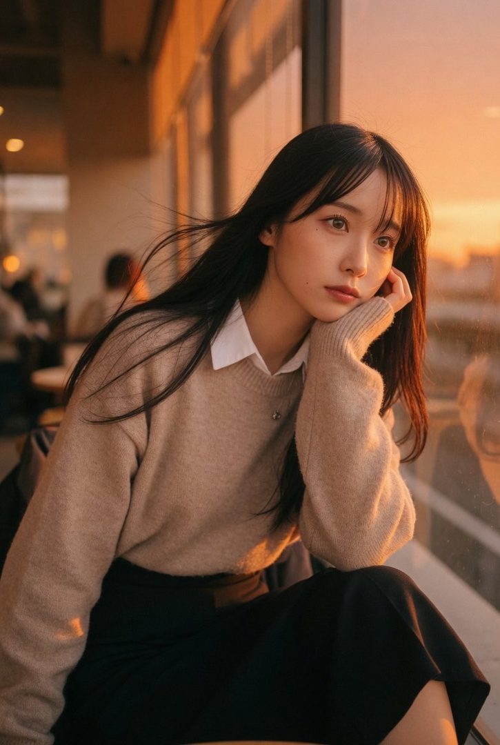 A young woman with long black hair and bangs gazes out a window during golden hour, wearing a beige sweater over a white collared shirt.