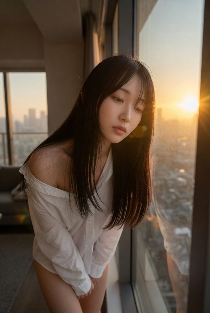 A young woman with long black hair looks out a window at sunset, wearing a white shirt.