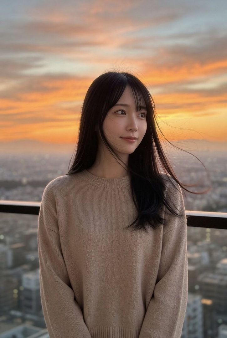 A young woman with long black hair and bangs, wearing a beige sweater, looks thoughtfully into the distance against a backdrop of a city skyline at sunset.