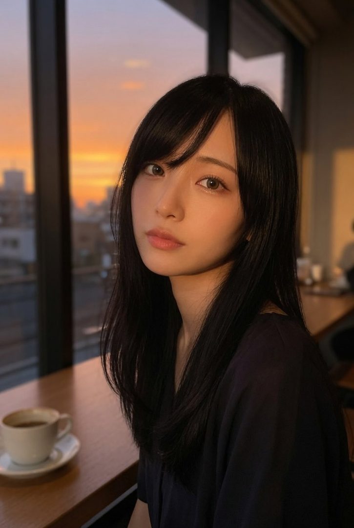 A young woman with long black hair sits indoors by a window during golden hour, with a cup of coffee on the table.
