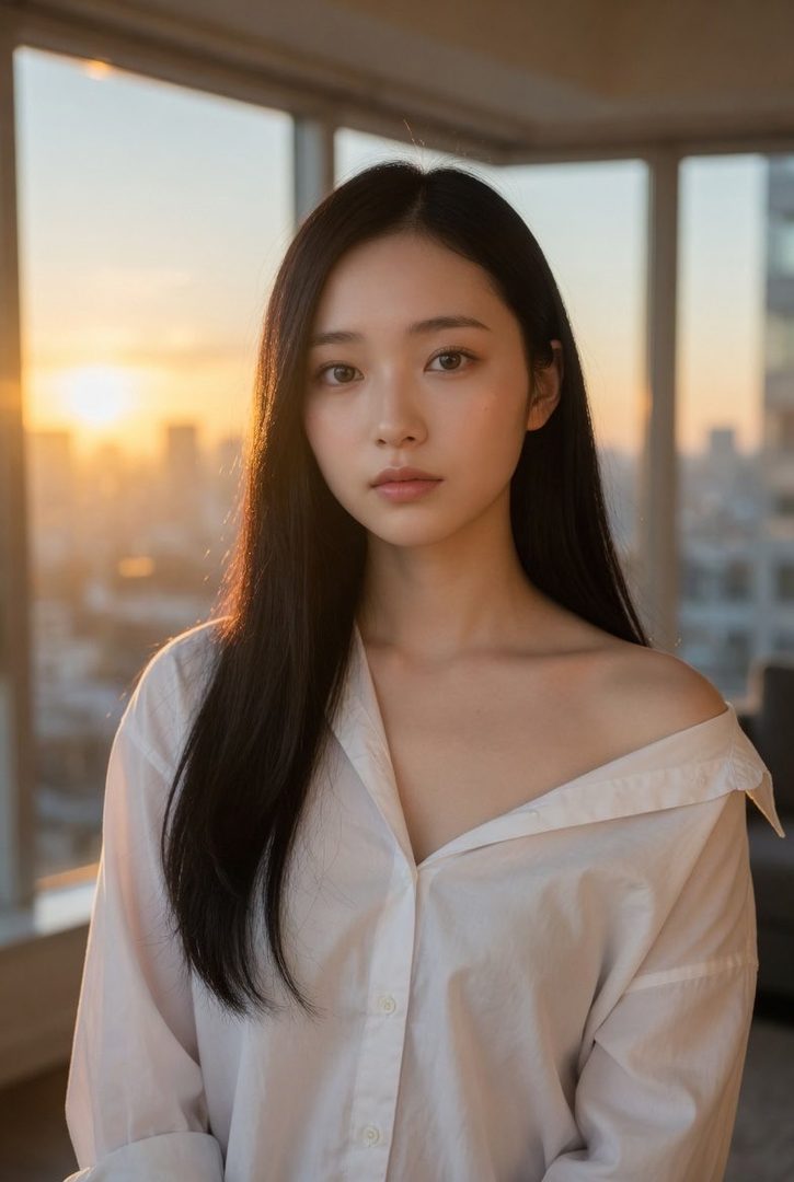 A young woman with long black hair, wearing a white off-the-shoulder blouse, poses indoors with a city skyline visible through the window during golden hour.