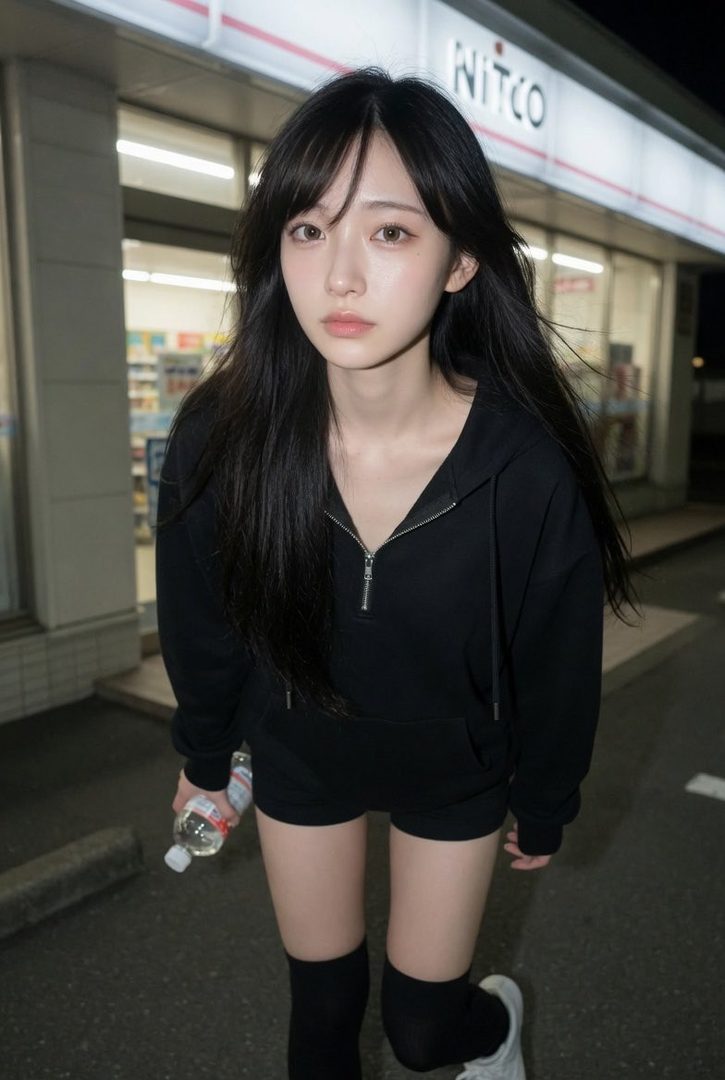 A young woman with long black hair stands in front of a convenience store at night, holding a bottle of water.