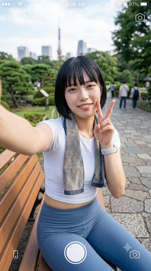 A young woman with a bob haircut takes a selfie in a park, wearing athletic clothes and making a peace sign, with a city skyline in the background.