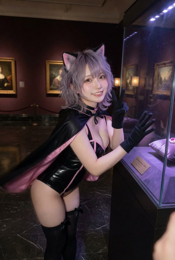A young woman with purple hair and cat ears, dressed in a black and pink leotard and cape, poses playfully in a museum.