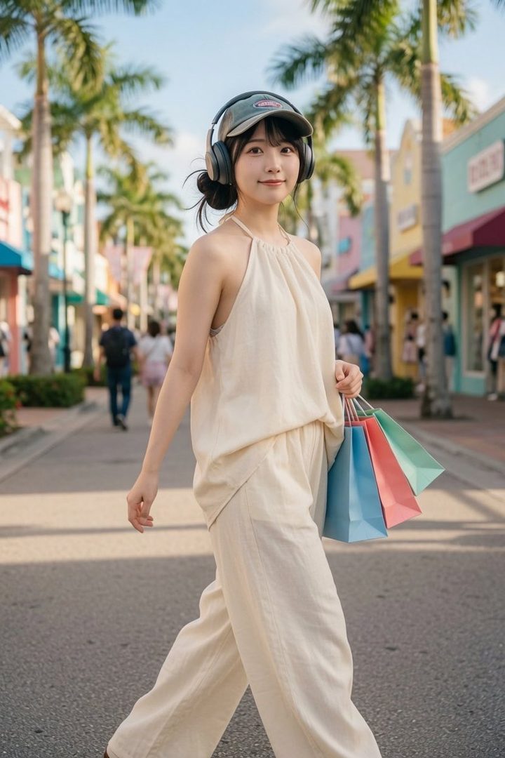 A young woman with black hair tied up, wearing a cap and headphones, walks down a colorful street with shopping bags.