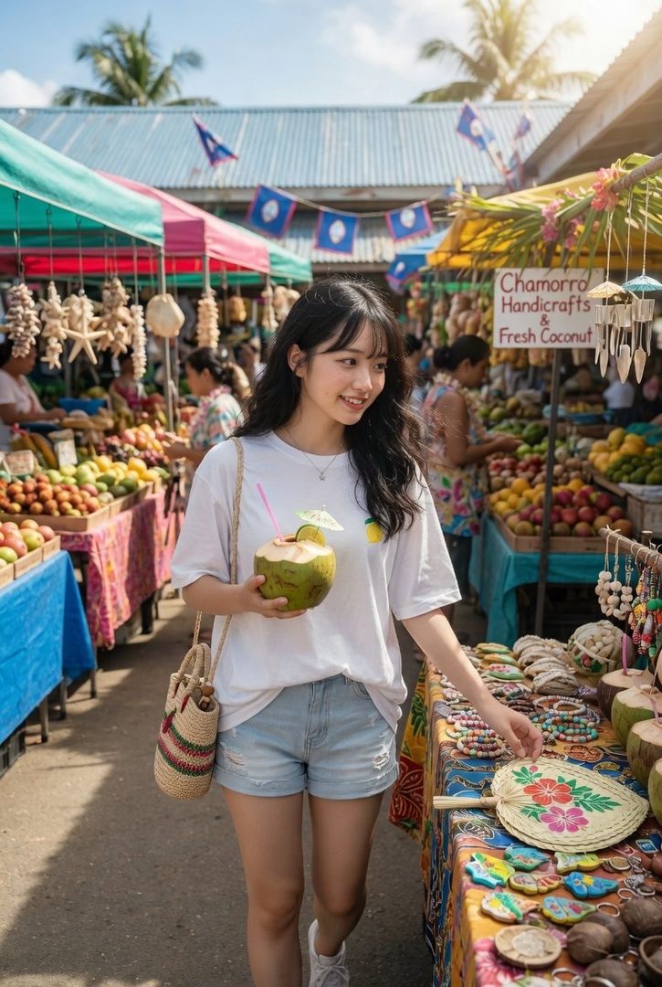 A young woman with long black hair smiles as she holds a fresh coconut at an outdoor market stall.