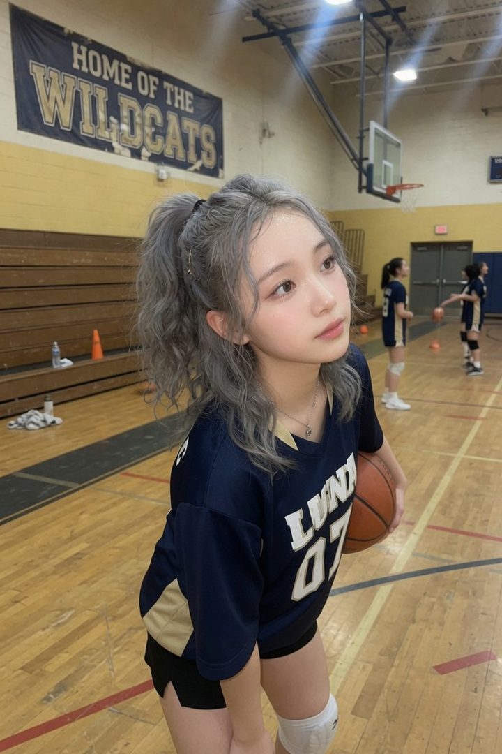 A young woman with silver hair in a ponytail, wearing a navy blue and gold sportswear top and black shorts, holds a basketball in a gymnasium.