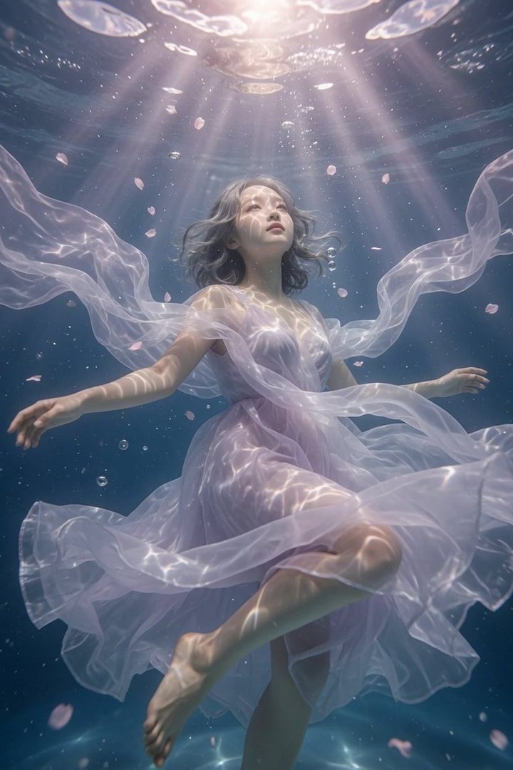 A young woman with short, silver hair floats gracefully underwater, wearing a flowing lavender dress, with light rays filtering from above.