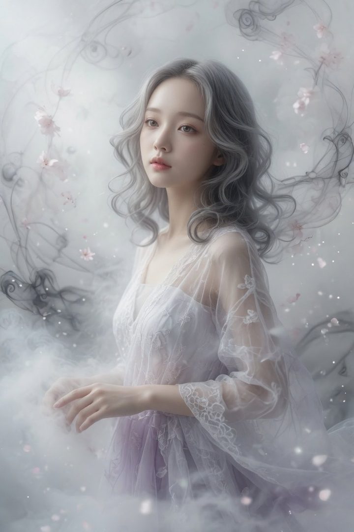 A dreamy portrait of a young woman with long, wavy silver hair, wearing a delicate white lace dress, surrounded by ethereal smoke and soft pink blossoms.
