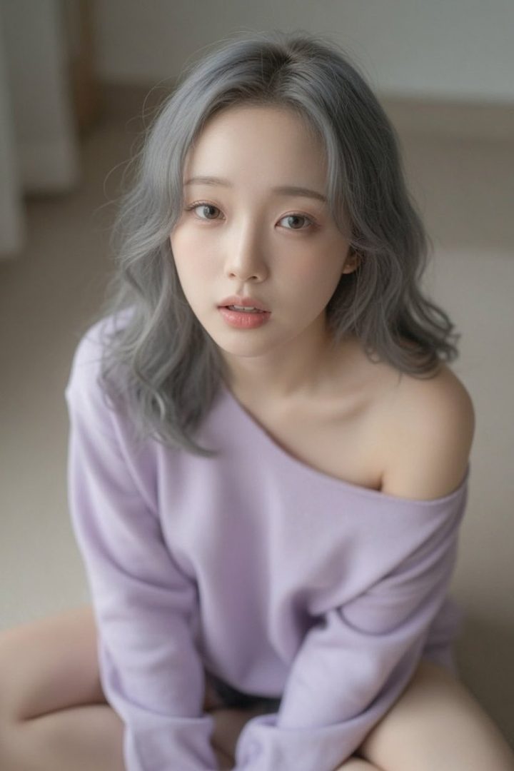 A young woman with long, wavy silver hair and a light purple off-the-shoulder top sits indoors, looking directly at the camera with a gentle expression.