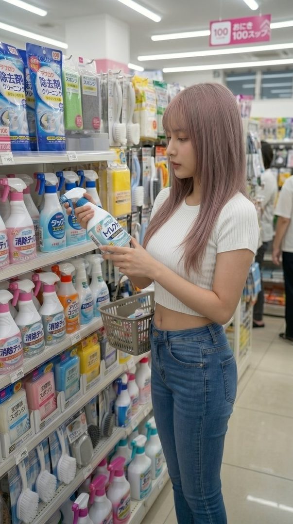A young woman with long, pinkish hair stands in an aisle of a store, holding a cleaning product.