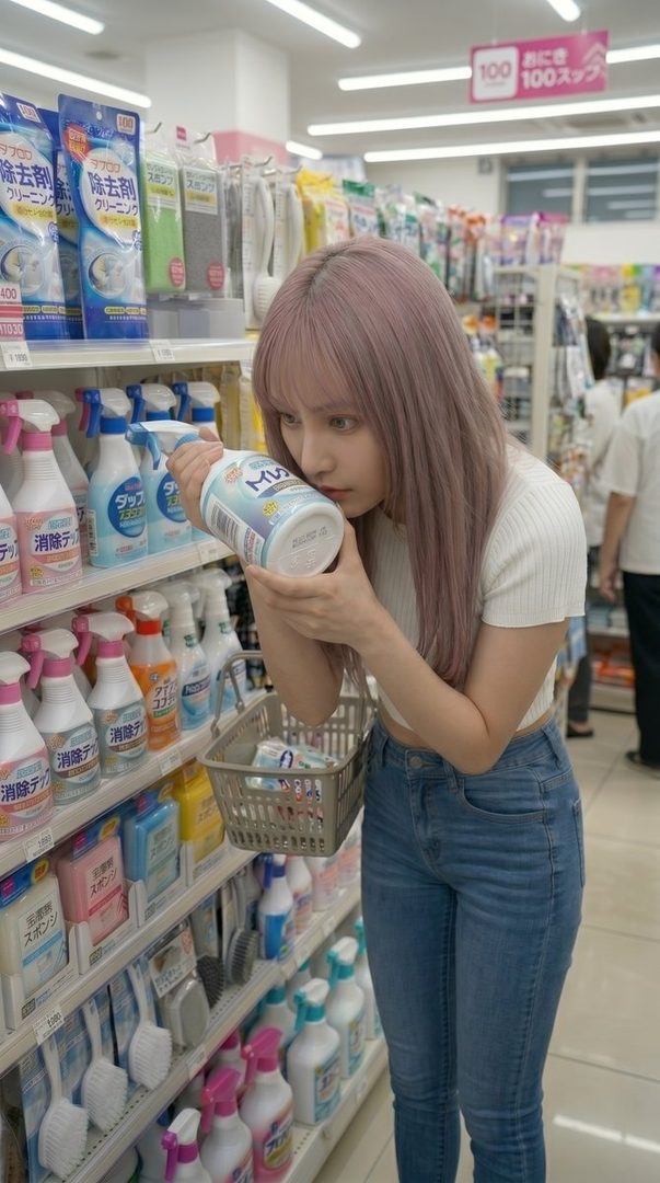 A young woman with long pink hair is smelling a cleaning product in a store aisle.