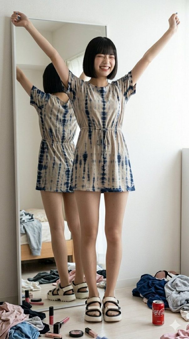 A cheerful young woman with a bob haircut and bangs, wearing a tie-dye mini dress and platform sandals, stretches happily in front of a mirror in a messy room.