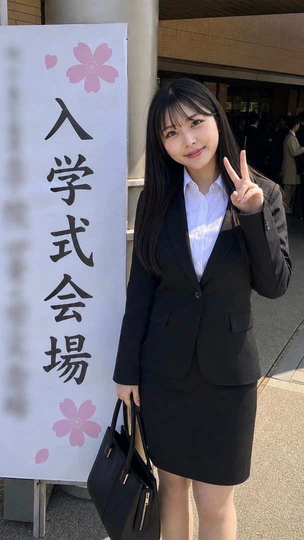 A young woman in a black suit and white shirt poses with a peace sign in front of a sign for an entrance ceremony.
