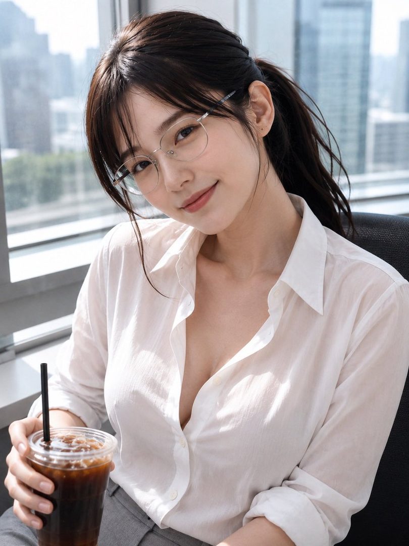 A young woman with glasses and her hair in a ponytail, wearing a white blouse and holding a coffee, poses in an office setting.