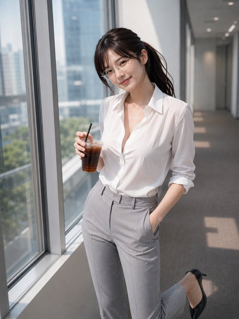 A young woman with dark hair in a ponytail, wearing glasses and a white blouse, holds a drink while standing in an office setting.
