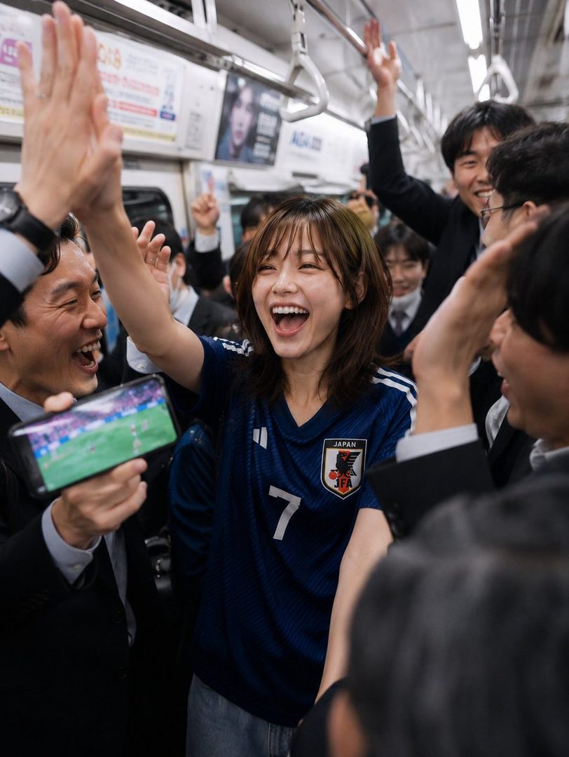 A group of excited people on a train, celebrating a soccer game on a phone, with a woman in a Japan soccer jersey at the center.