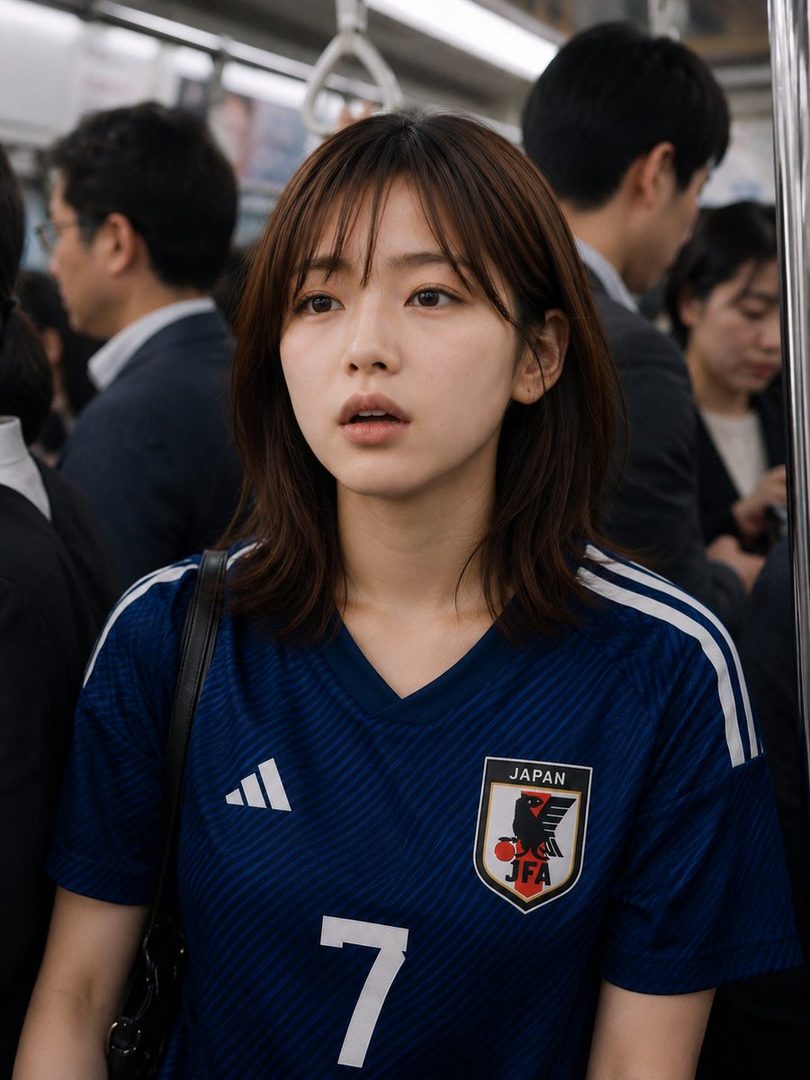 A young Japanese woman wearing a blue soccer jersey with the number 7 and the Japan national team crest, looking thoughtfully to the side while on a crowded train.