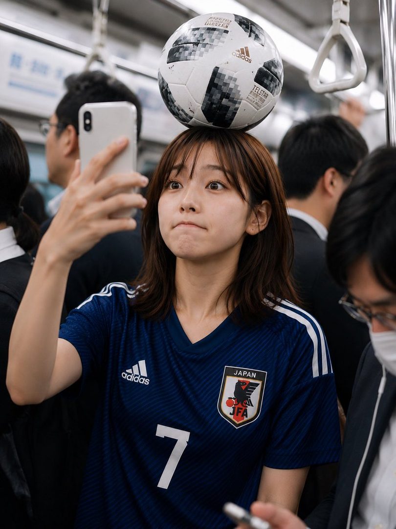 A young woman in a Japan soccer jersey balances a soccer ball on her head while taking a selfie on a train.