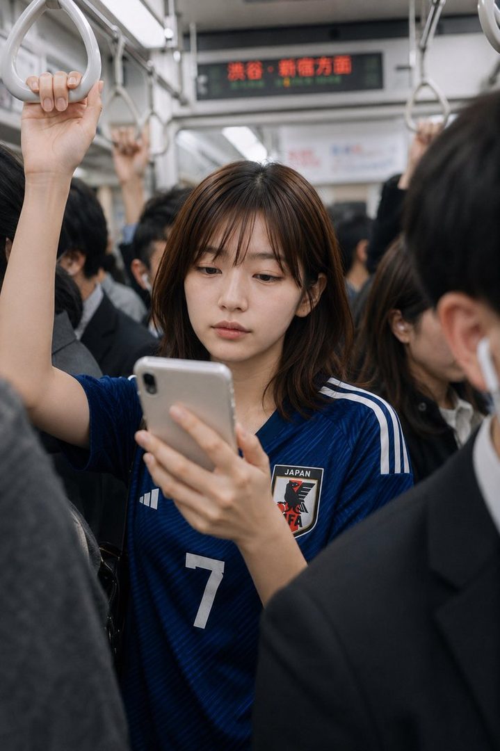 A young woman in a Japan soccer jersey looks at her phone while riding a crowded train.
