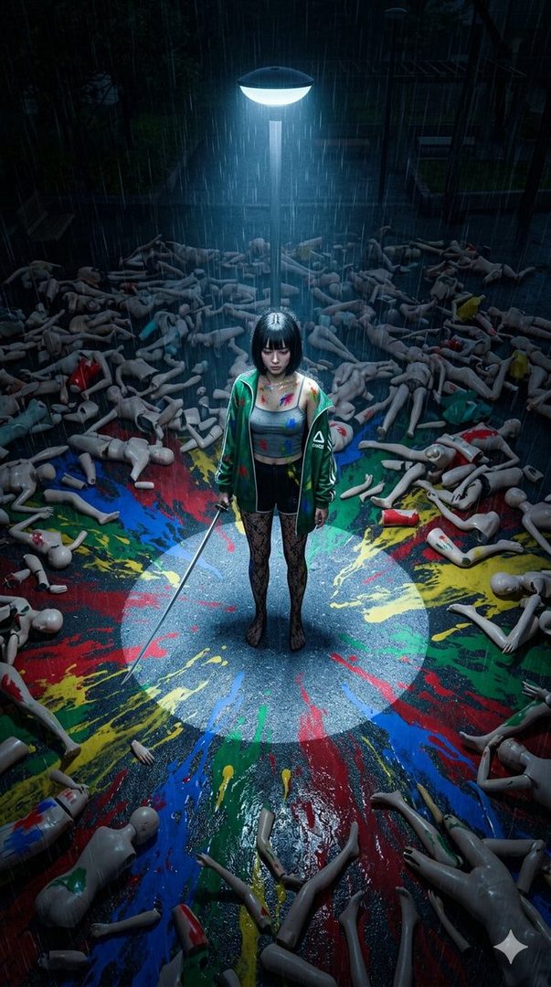 A young woman with a bob cut and a katana stands under a street light in the rain, surrounded by broken mannequins and colorful paint splatters.