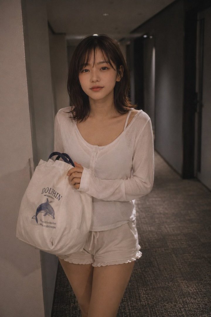 A young woman with short dark hair and bangs, wearing a white long-sleeved shirt and shorts, holds a tote bag with a dolphin print.