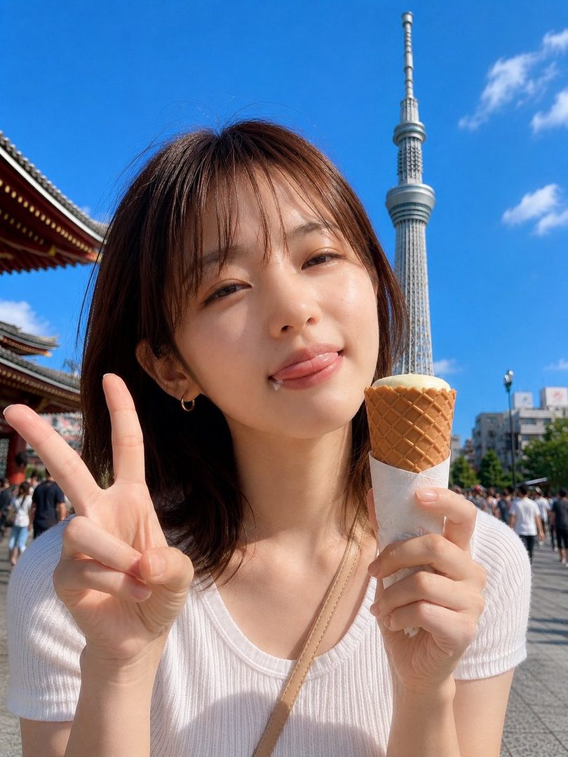 A young woman with brown hair sticking her tongue out while holding an ice cream cone and making a peace sign, with a tall tower and traditional Japanese architecture in the background.