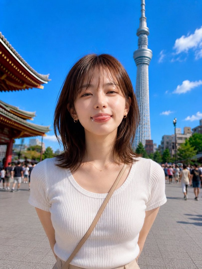 A young woman with brown hair sticking her tongue out playfully in front of a cityscape with a tall tower and traditional Japanese architecture.