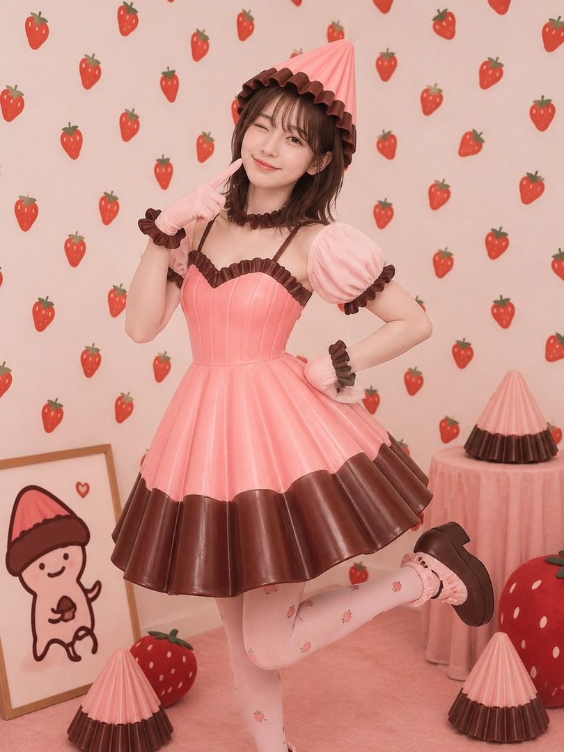 A young woman in a pink and brown strawberry-themed dress and hat, posing playfully indoors with a strawberry-patterned background.