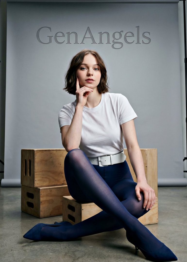 A young woman with short brown hair, wearing a white t-shirt and blue tights, poses in a studio setting.