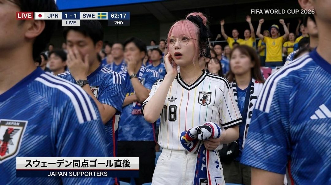 A young woman with pink hair and glasses, wearing a Japanese soccer jersey, watches a match with a surprised expression.