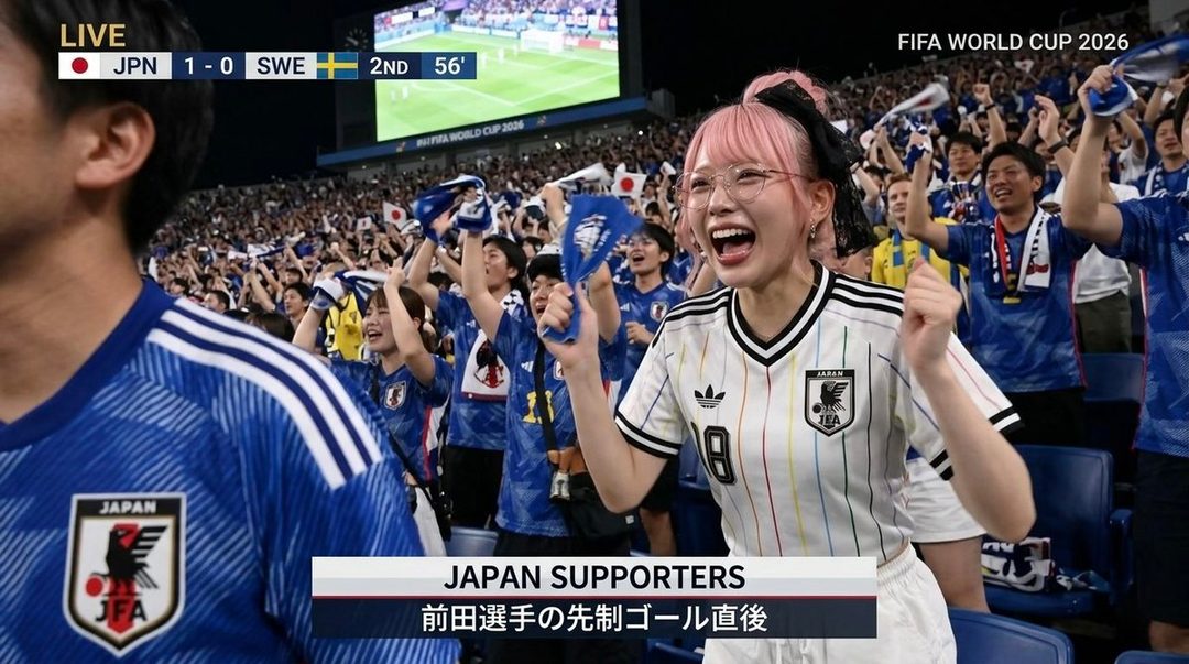 A young woman with pink hair and glasses cheers enthusiastically at a soccer match, wearing a Japan supporter's jersey.