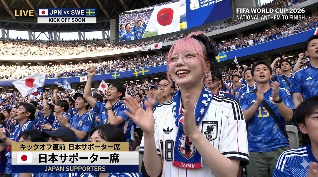 A young woman with pink hair and glasses smiles and claps in a stadium filled with cheering fans, wearing a Japan soccer jersey.