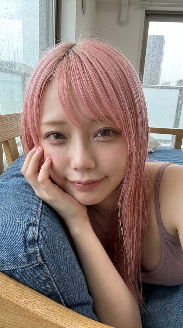 A young woman with long pink hair and bangs, wearing a casual outfit, smiles gently while resting her chin on her hand indoors.