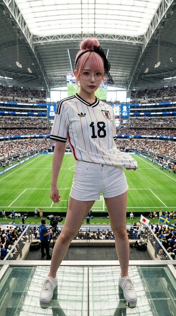 A young woman with pink hair styled in a bun, wearing glasses and a Japanese soccer jersey with white shorts, stands in a stadium overlooking a soccer field.
