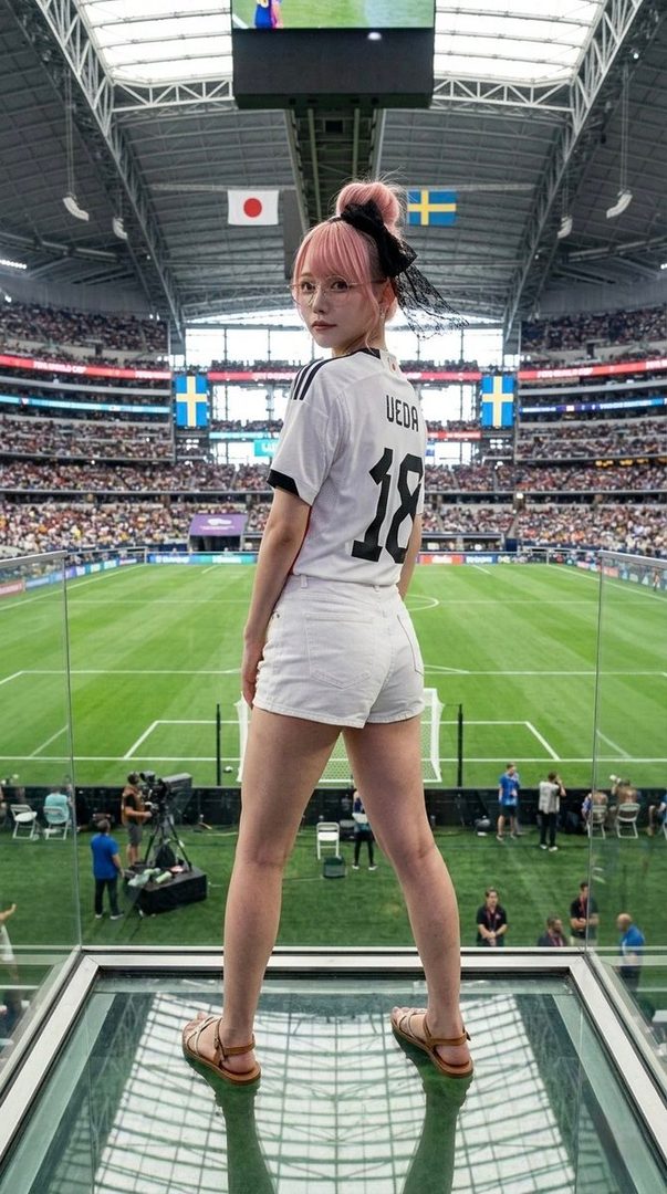 A young woman with pink hair and glasses stands in a stadium, wearing a soccer jersey and shorts.